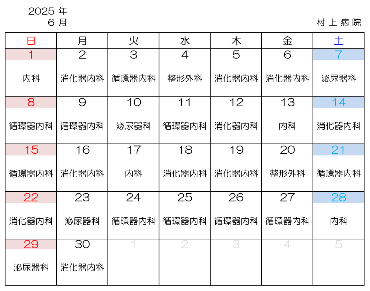 医師日当直担当診療科2025年6月