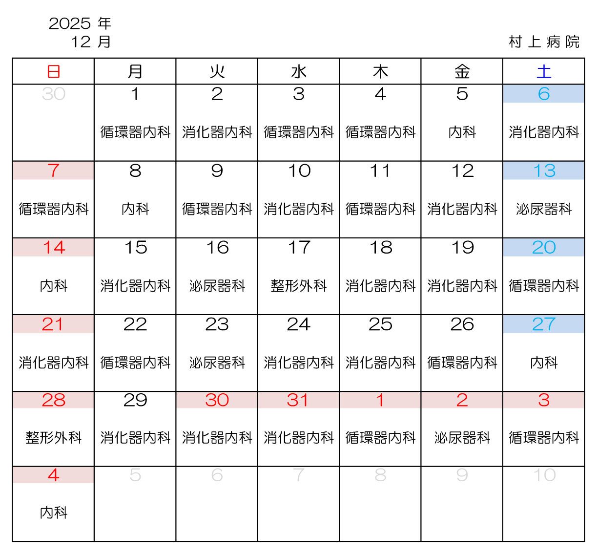 医師日当直担当診療科2025年12月