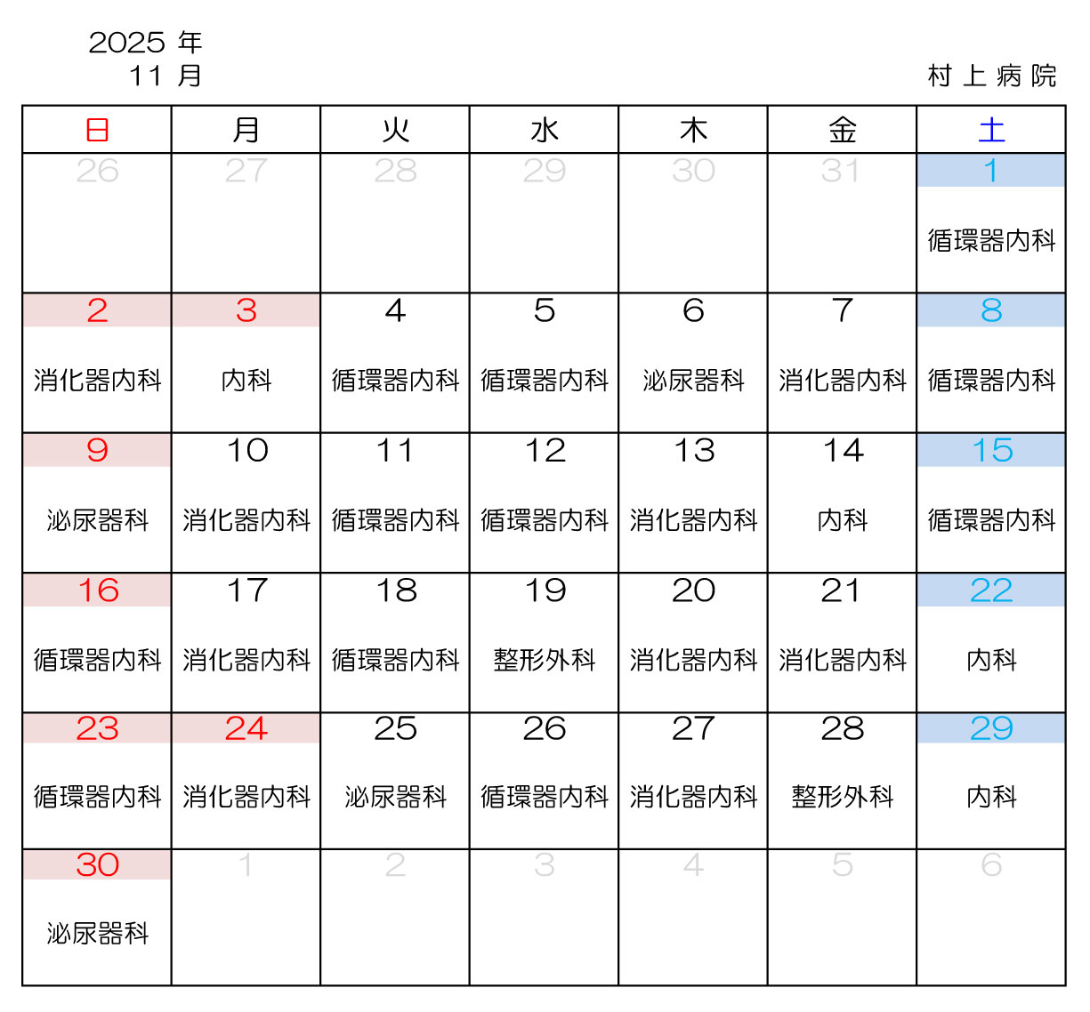 医師日当直担当診療科2025年11月