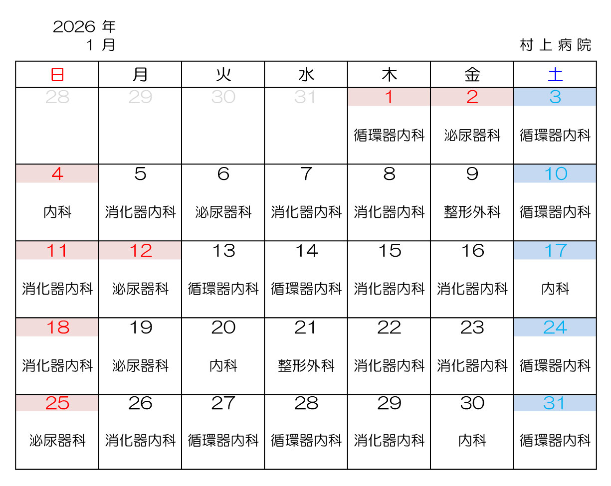医師日当直担当診療科2026年1月